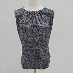 Calvin Klein Gray Sleeveless Animal-Print Pleated-Neck Shell